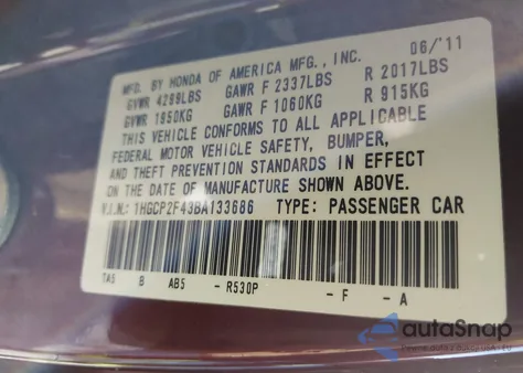 2011 Honda Accord 2.4 Lx-P from USA, damaged, VIN 1HGCP2F43BA133686